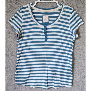 Y2K Old Navy Women's XL Short Sleeve Henley Shirt Blue Striped Cotton Mallcore